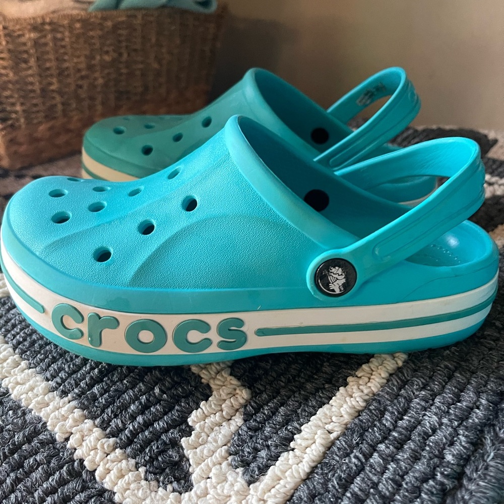 Junior turquoise Crocs size 3. Excellent condition!